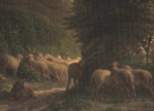 Lampaat laiduntavat pensasaitaa pitkin tekijältä Jean Francois Millet