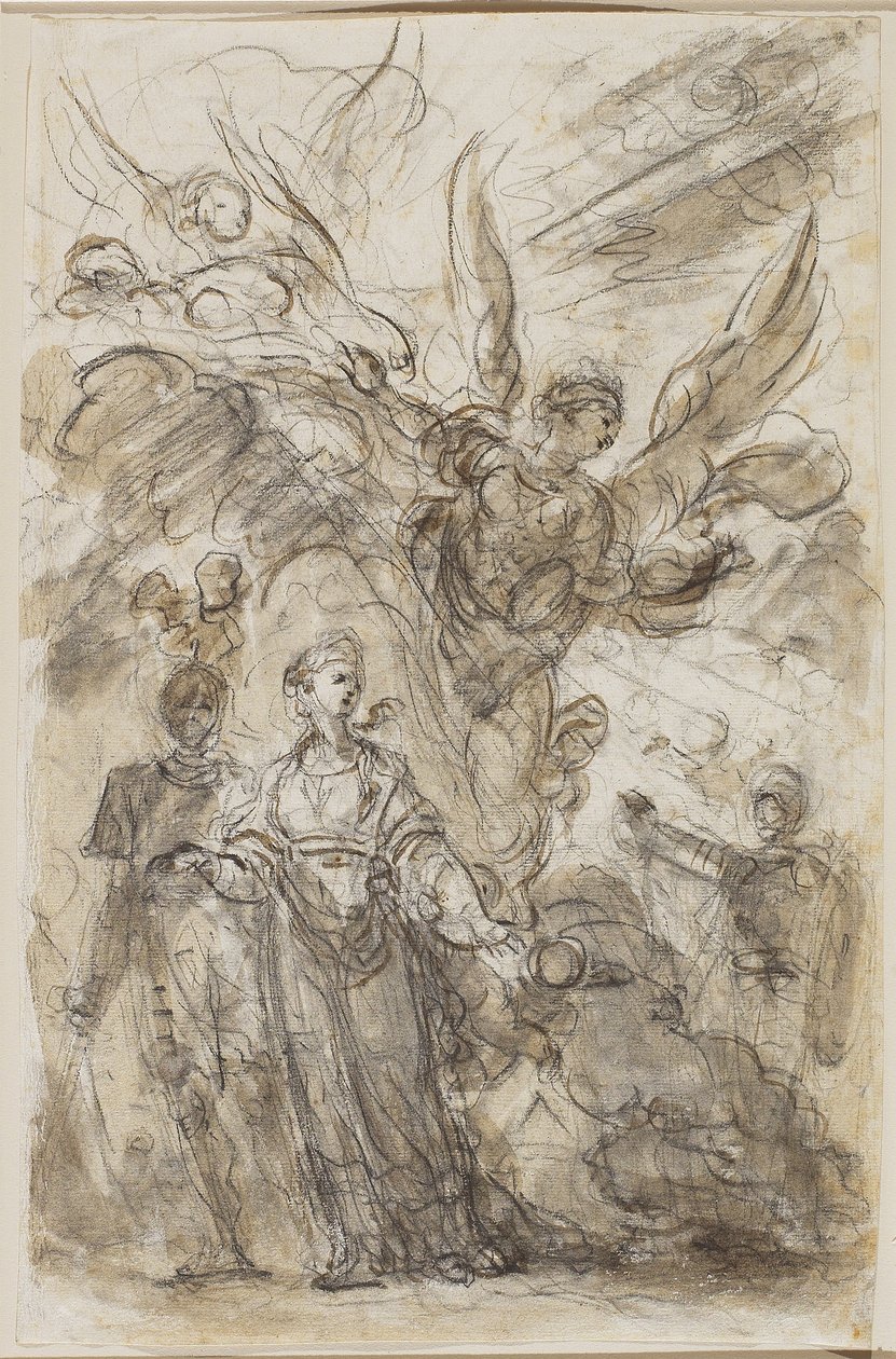 Kaarle johdattaa Angelican pois Rolandin luota, n.1785 (musta liitu ja ruskea pesu, grafiitin jälkiä lyötyyn paperiin). tekijältä Jean Honore Fragonard