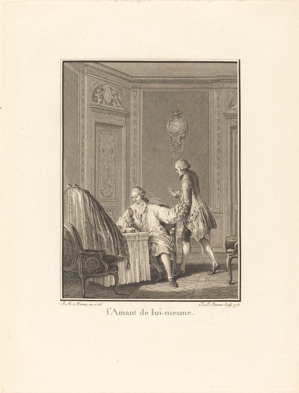 Itsensä rakastaja tekijältä Jean Baptiste Blaise Simonet after Jean Michel Moreau