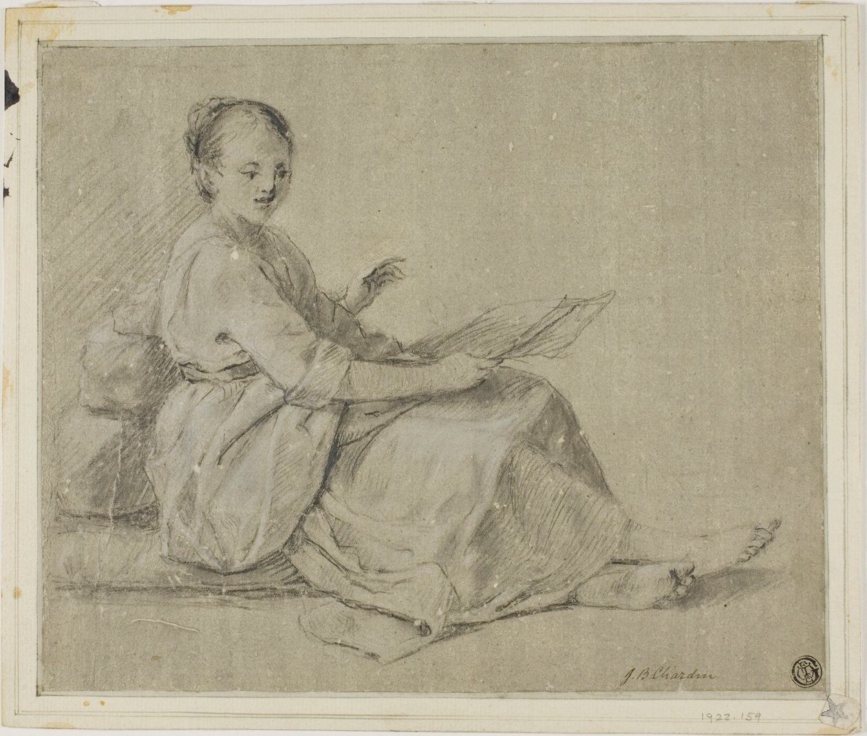 Paljasjalkainen nainen istuu maassa tekijältä Jean Baptiste Simeon Chardin