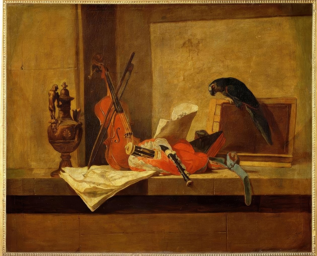 J.B.S.Chardin, Musikinstrumente u. Papag. tekijältä Jean Baptiste Simeon Chardin