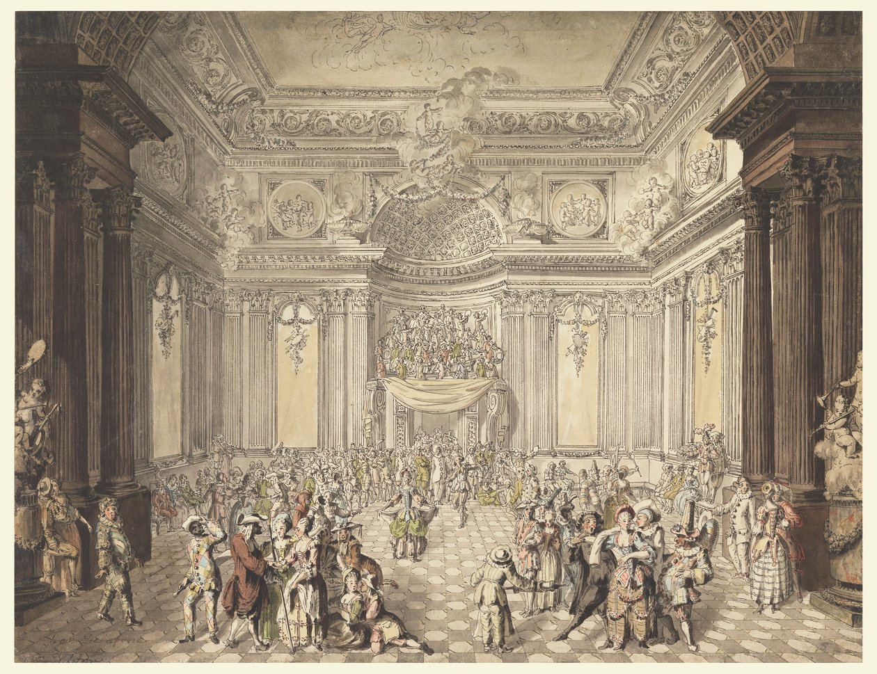 Piirustus, Näkymä naamiaistanssiaisiin, 1770-80 tekijältä Jean Charles Delafosse