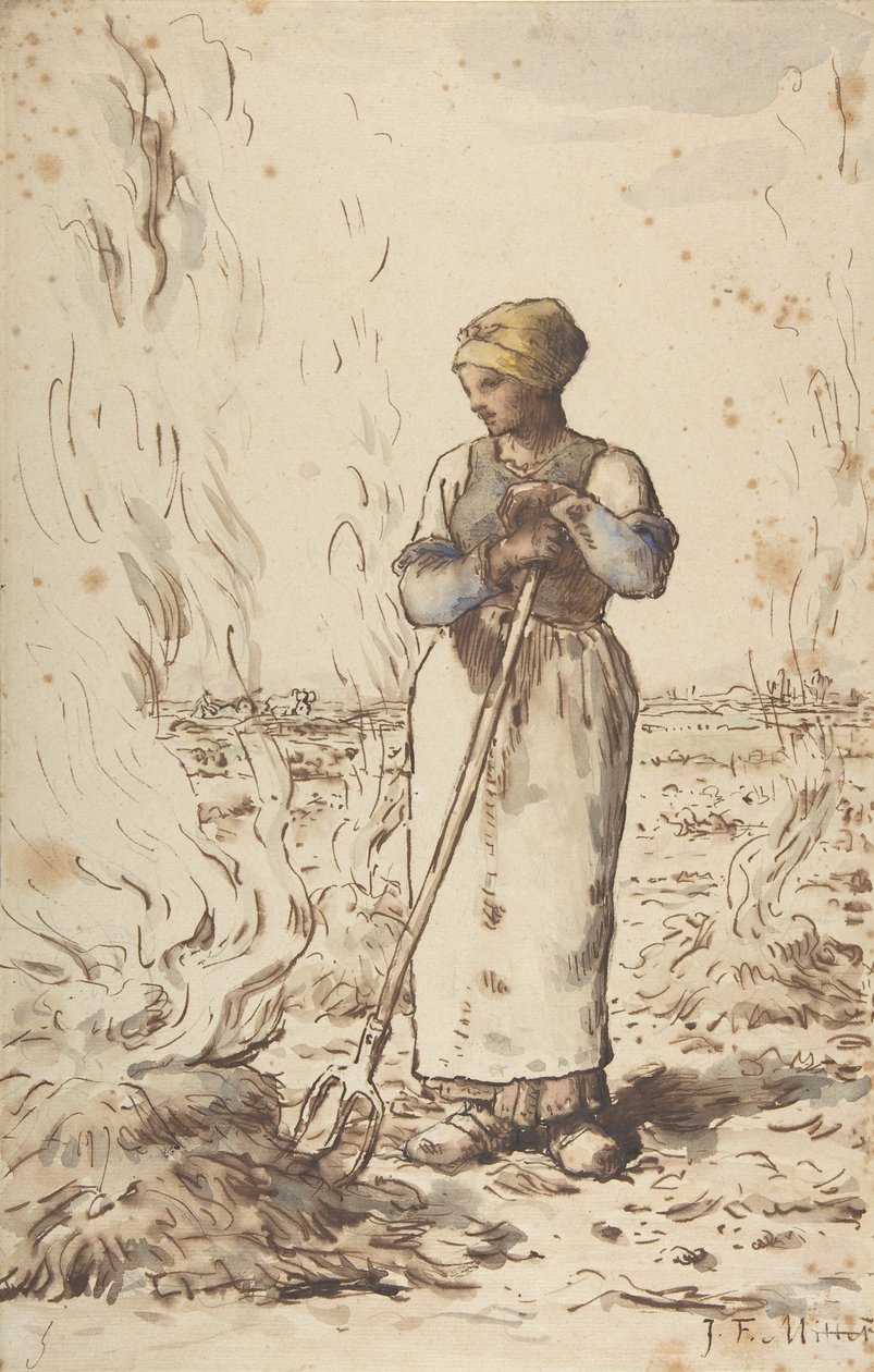 Nainen polttaa rikkaruohoja, 1830-75 tekijältä Jean Francois Millet