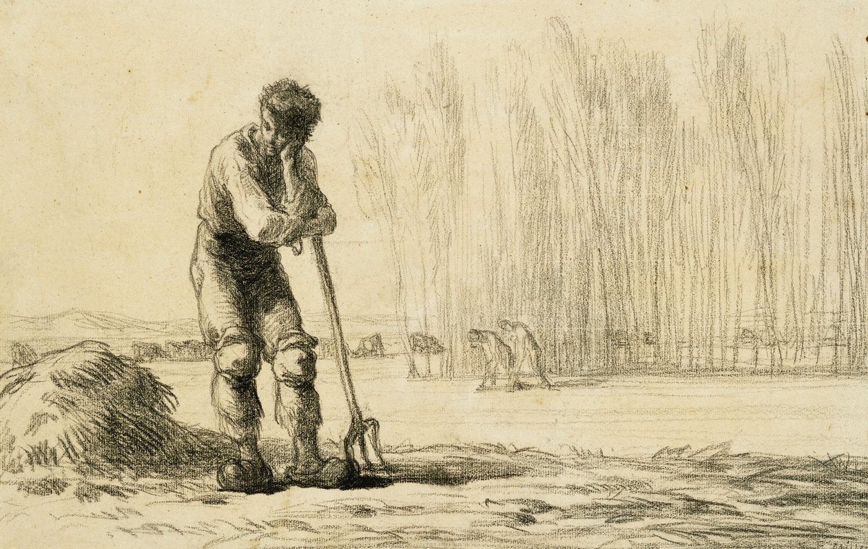 Talonpoika nojaa haarukalla, tekijältä Jean Francois Millet
