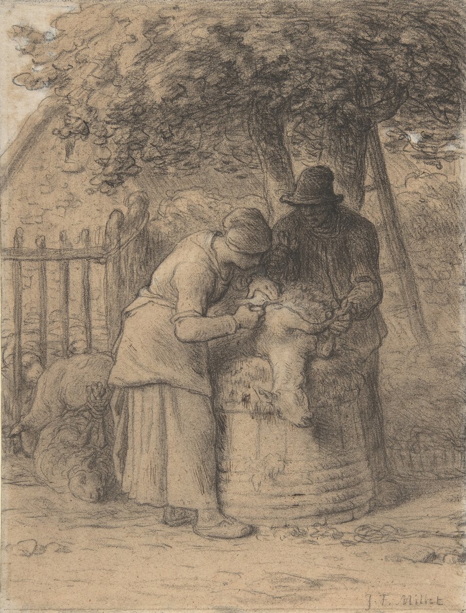 Lampaiden keraaminen puun alla, n. 1854. tekijältä Jean Francois Millet