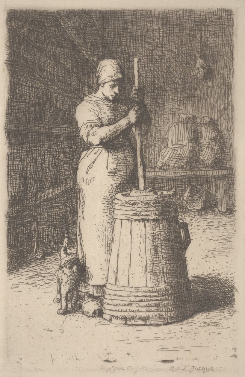 Woman Churning Butter, n. 1855-1856 (etsaus) tekijältä Jean Francois Millet