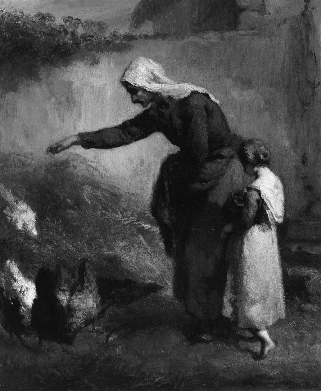 Nainen ruokkii kanoja tekijältä Jean Francois Millet