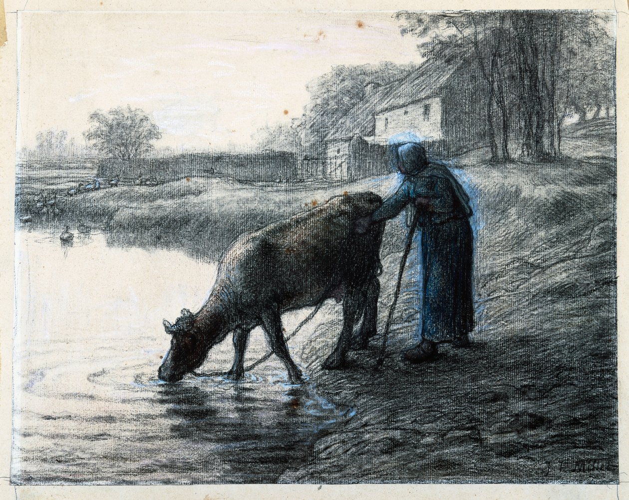 Nainen johdattaa lehmän veteen tekijältä Jean Francois Millet