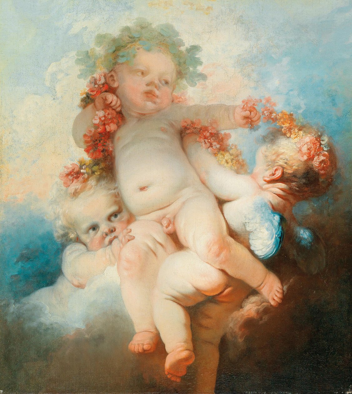 Kolme puttia seppeleenä kukilla. tekijältä Jean Honore Fragonard