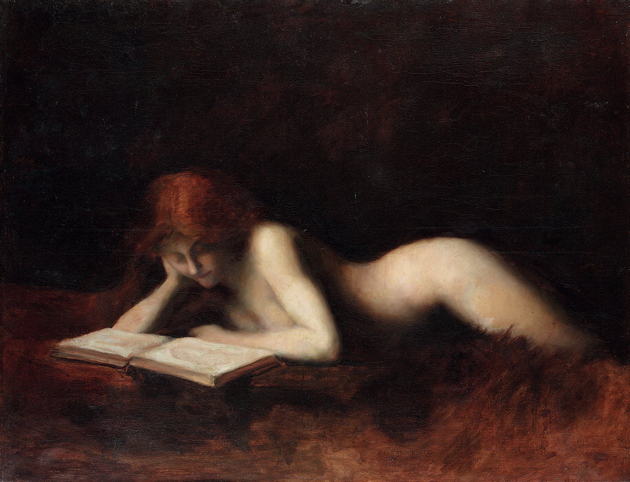 Makaava alaston nainen lukee kirjaa tekijältä Jean Jacques Henner