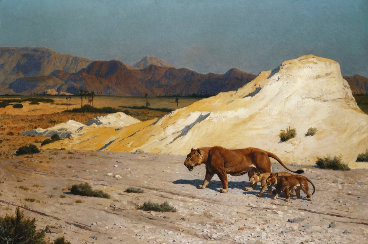 Leijona ja pennut; Leijona ja leijona, tekijältä Jean Leon Gerome
