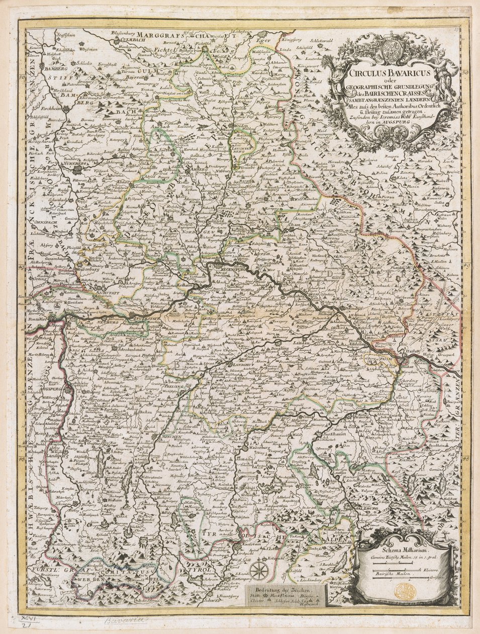 Baijerin kartta, n. 1695 (värillinen kaiverrus) tekijältä Jeremias Wolff