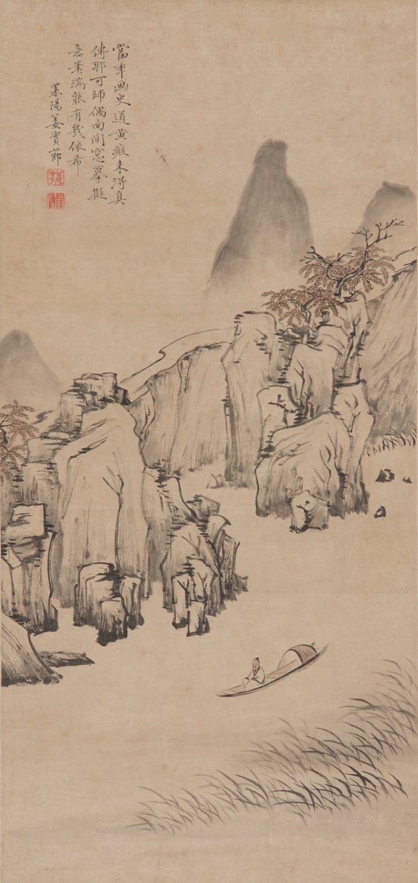 Jokimaisema mies veneessä, Qing-dynastia, 1600-luvun loppu - 1700-luvun alku (muste ja väri paperilla) tekijältä Jiang Shijie