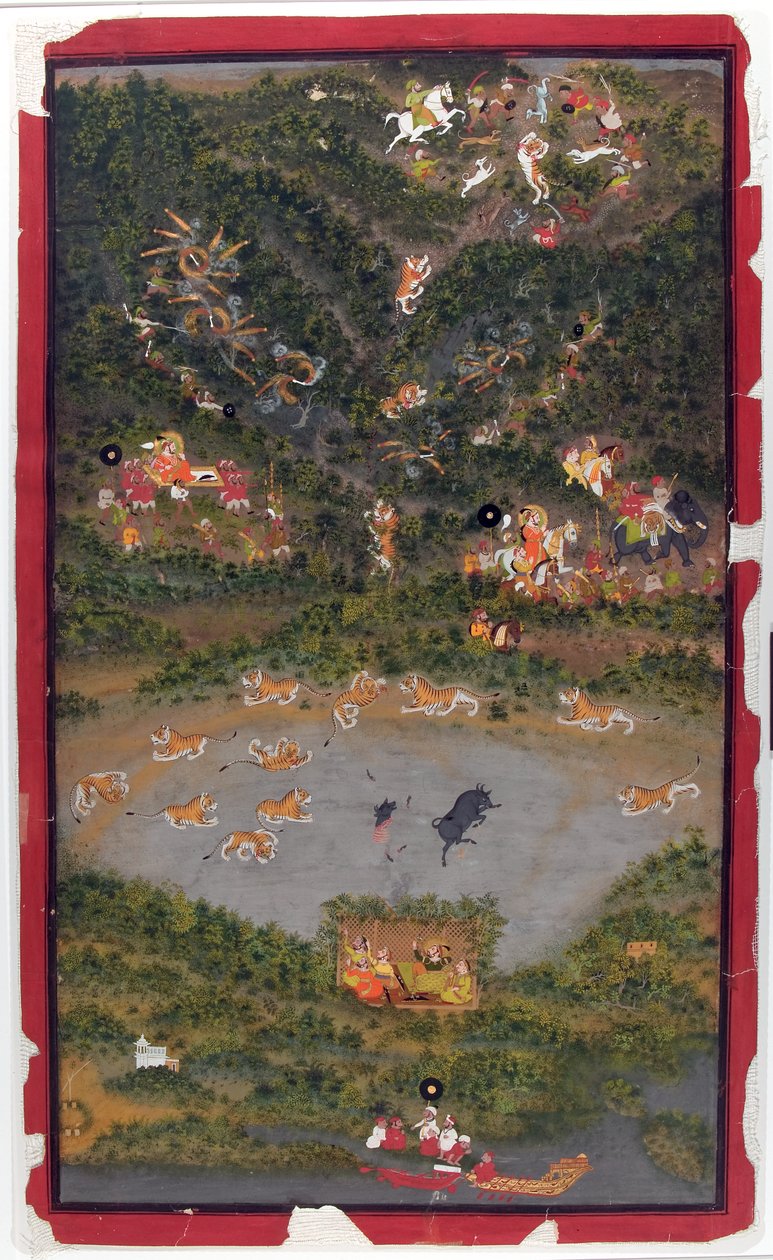 Maharana Jagat Singh II metsästävä tiikeri, 1749 (läpinäkymätön wc ja kultaa paperilla) tekijältä Jiva