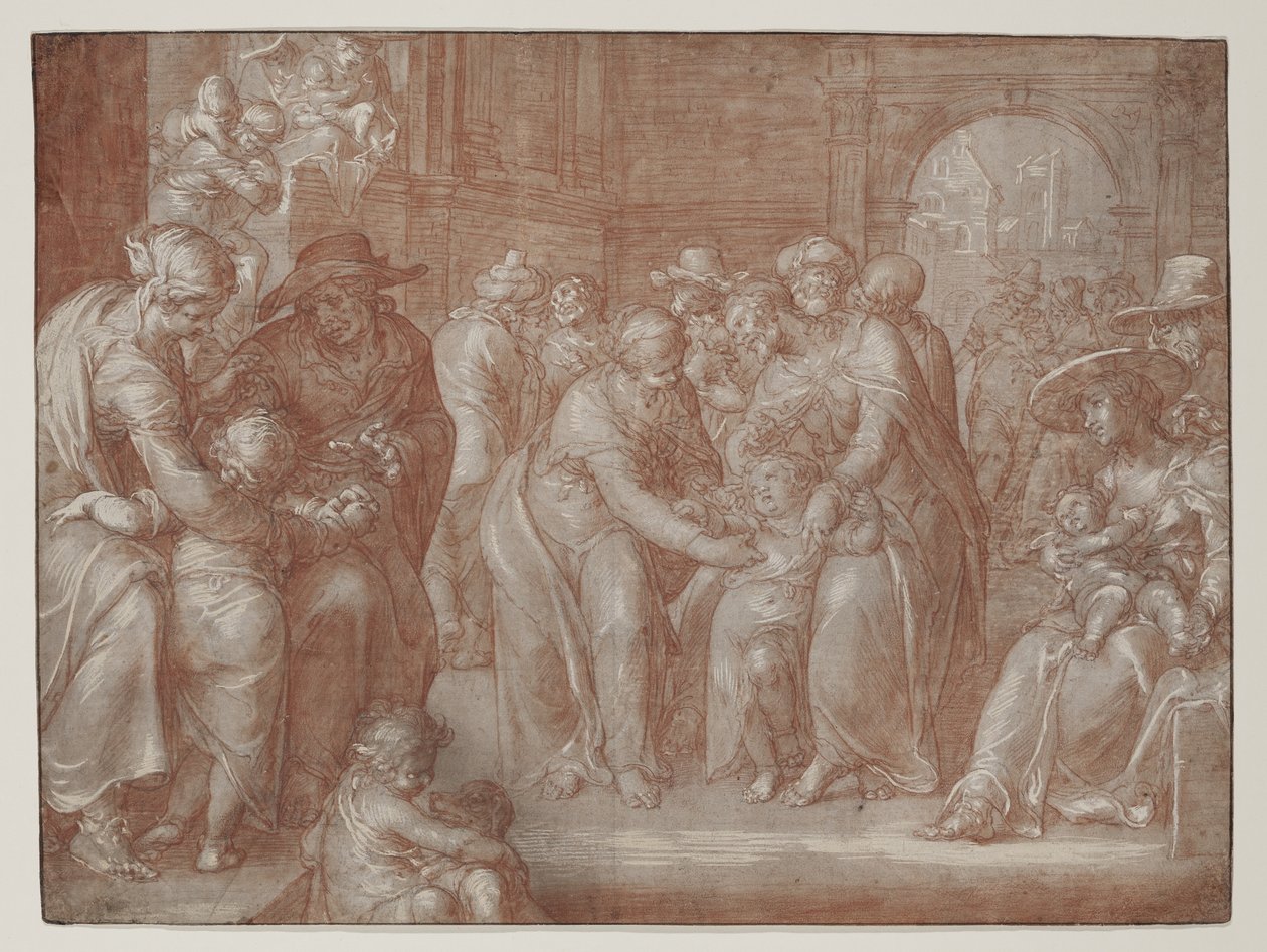 Anna pienten lasten tulla luokseni, n. 1621 (punainen liitu mustalla liidulla, korostettu valkoisella paperilla) tekijältä Joachim Wtewael or Utewael