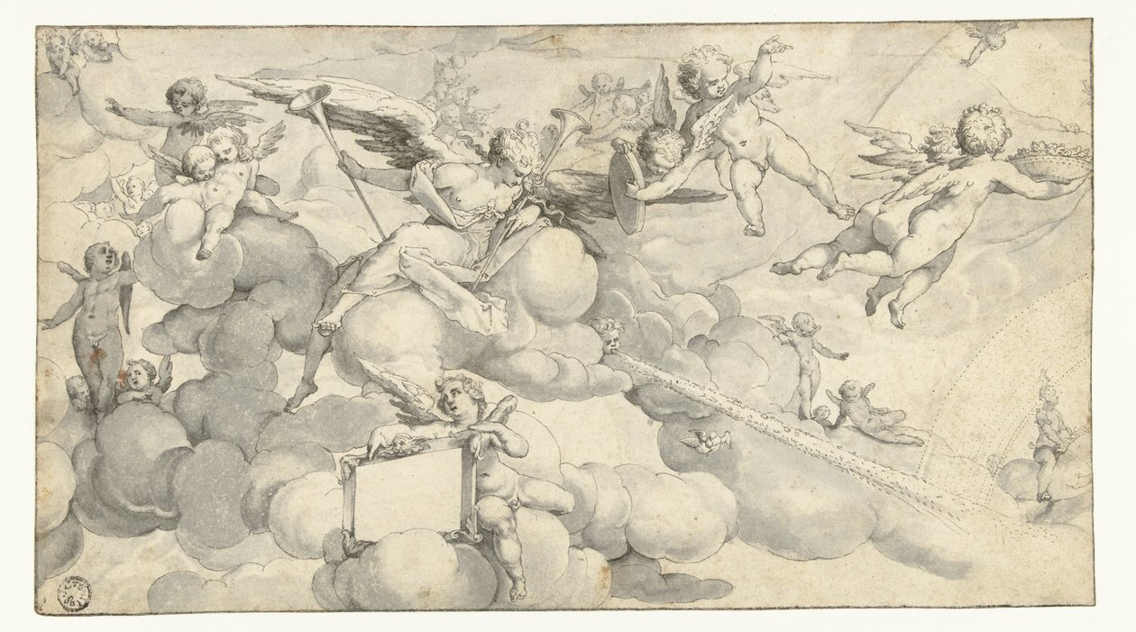 Putti ja enkeli cartouchilla tekijältä Joachim Wtewael (circle of)