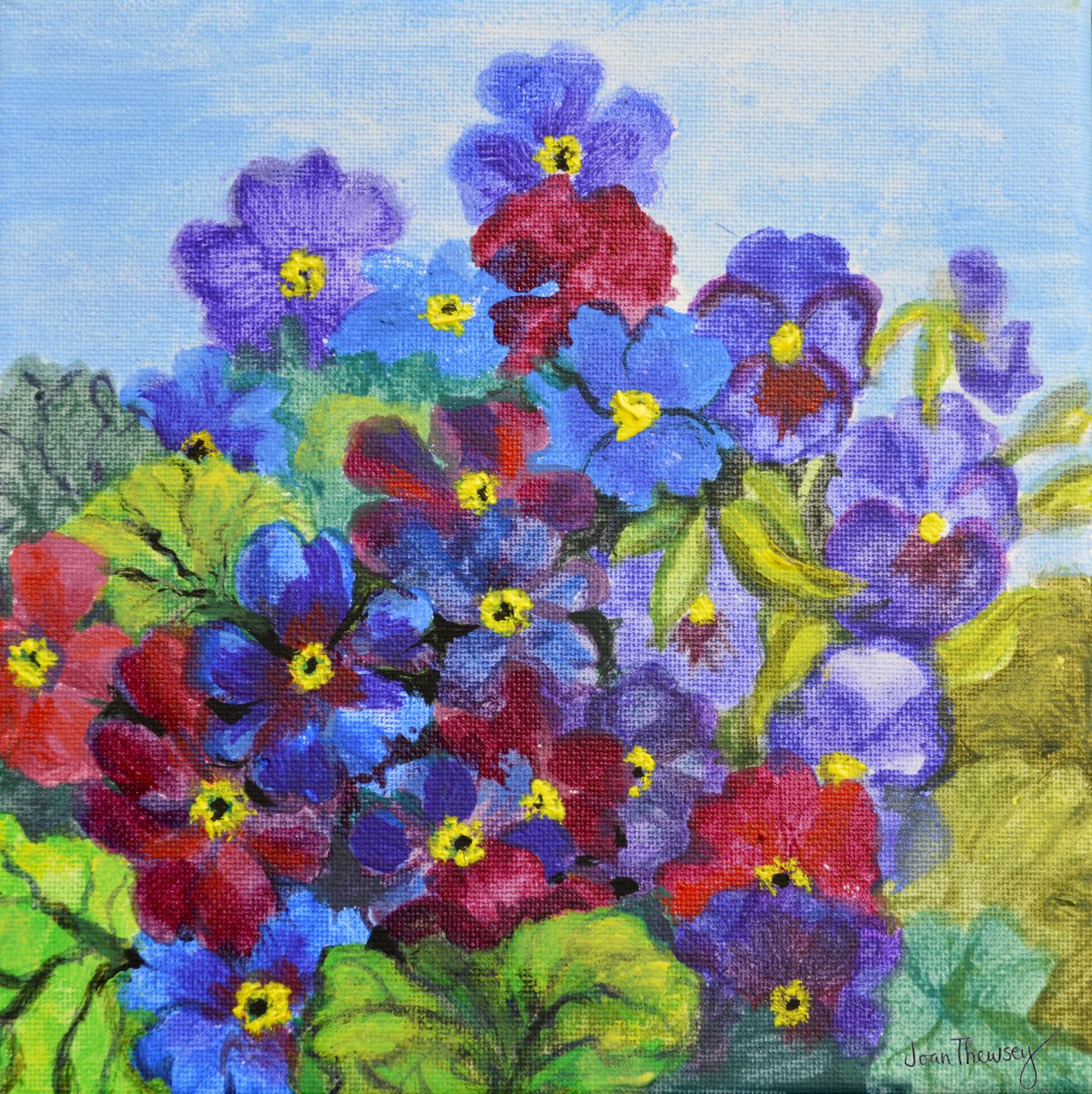 Blue Primroses, 2017, (akryyli) tekijältä Joan Thewsey