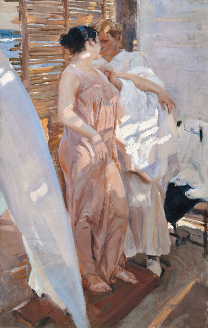 Vaaleanpunainen kaapu. Kylvyn jälkeen tekijältä Joaquín Sorolla