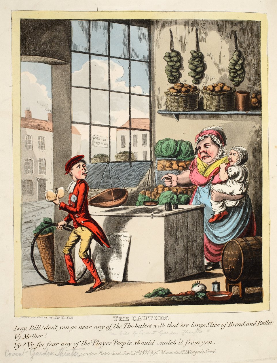 Caution, pub. 1828 (käsin väritetty kaiverrus) tekijältä Joe Lisle