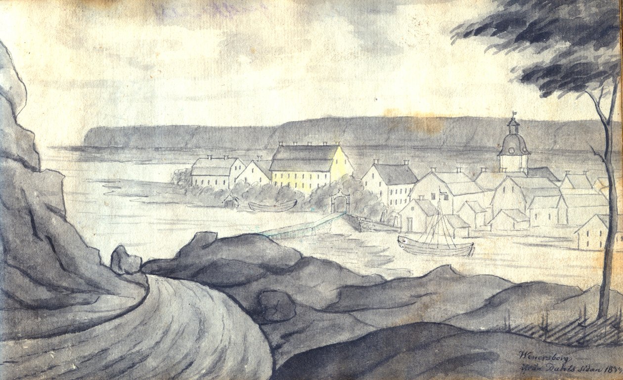 Svenska: Laverad tuschteckning av utsikt mot Vänersborg från Dalslands sida av Vänern tekijältä Johan Gustaf Thun