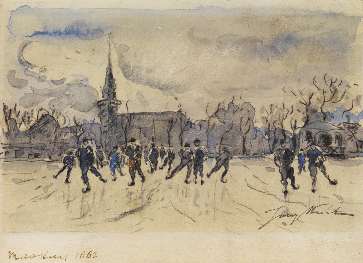 Johan Barthold Jongkind: Schlittschuhläufer vor der Silhouette einer Stadt mit Kirchturm tekijältä Johan Barthold Jongkind