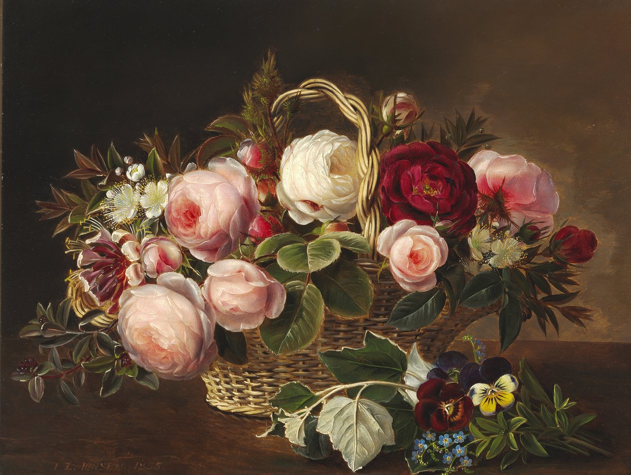 Roser ja sommerblomster i kurv på en karm tekijältä Johan Laurentz Jensen