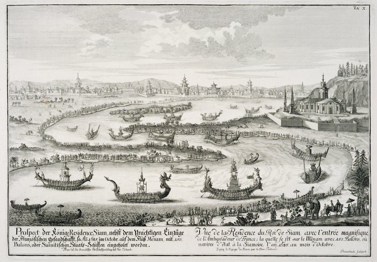 Siamin kuninkaan residenssi, Johann Adam Delsenbachin (1687-1765) kaiverruksesta "Entwurf einer historischen Architektur", 1721. tekijältä Johann Bernhard Fischer von Erlach