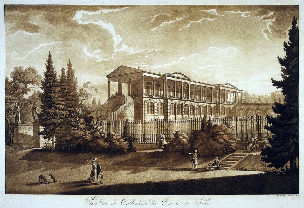 Näkymä Cameron-galleriaan Tsarskoe Selossa, 1793 (akvatinta) tekijältä Johann Christoph Mayr