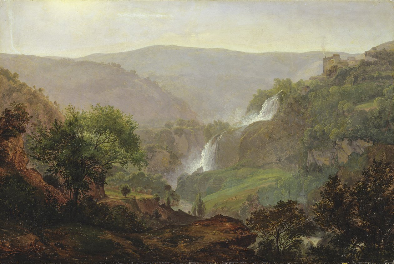 Vesiputous lähellä Tivolia, n. 1808 (öljy paperille kankaalle) tekijältä Johann Martin von Rohden