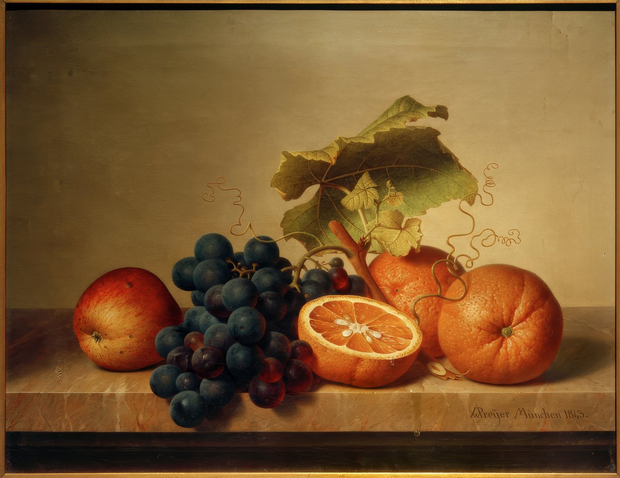 Früchtestillleben auf Marmorplatte tekijältä Johann Wilhelm Preyer