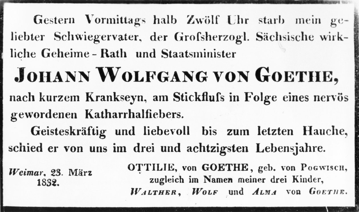 Johann Wolfgang von Goethen kuolinilmoitus, 1832 (painettu) tekijältä Johann Wolfgang von Goethe