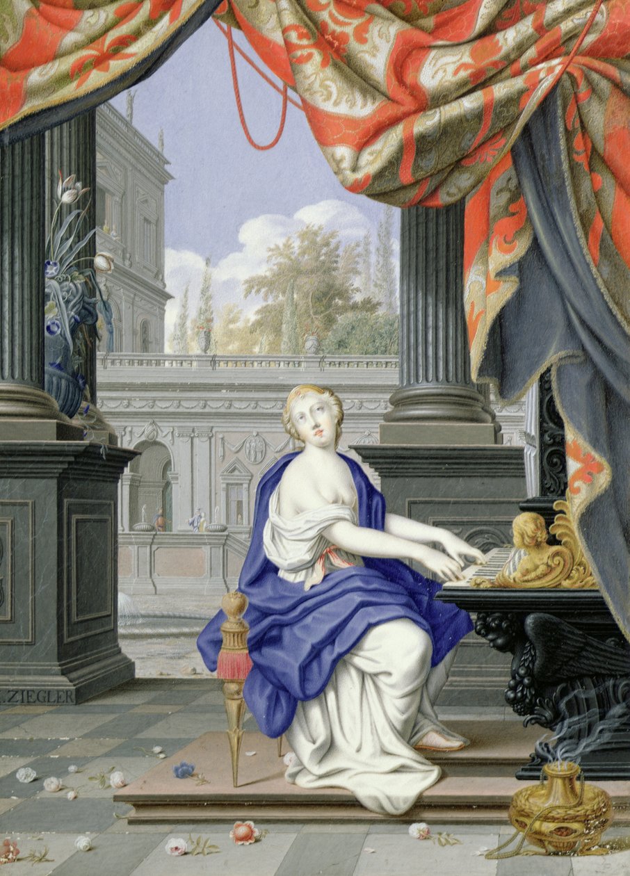 St Cecilia istuu soittaen urkuja (wc ja guassi paperilla) tekijältä Johann Ziegler