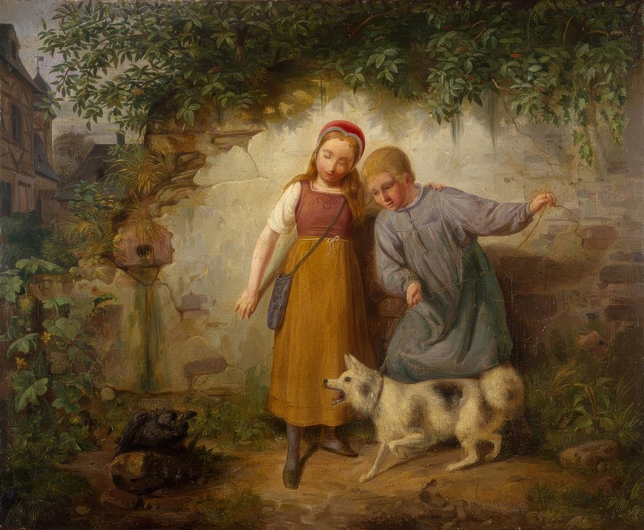 Zwei Kinder mit einem Spitz tekijältä Johann Baptist Zwecker
