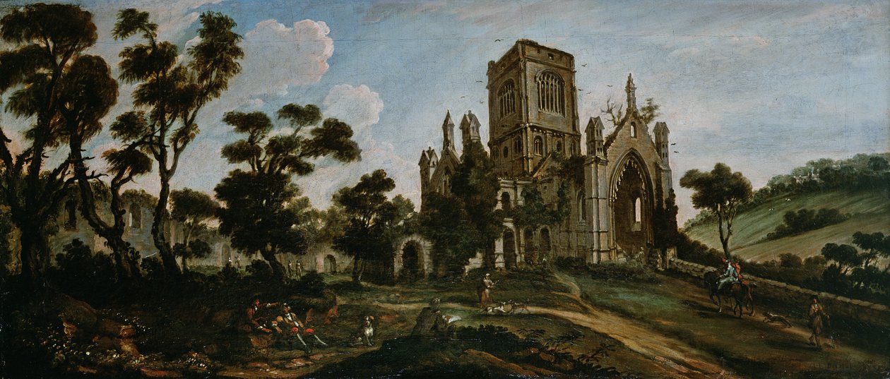 Etelänäkymä Kirkstall Abbeysta, n. 1738 tekijältä Johann Baptiste Bouttats