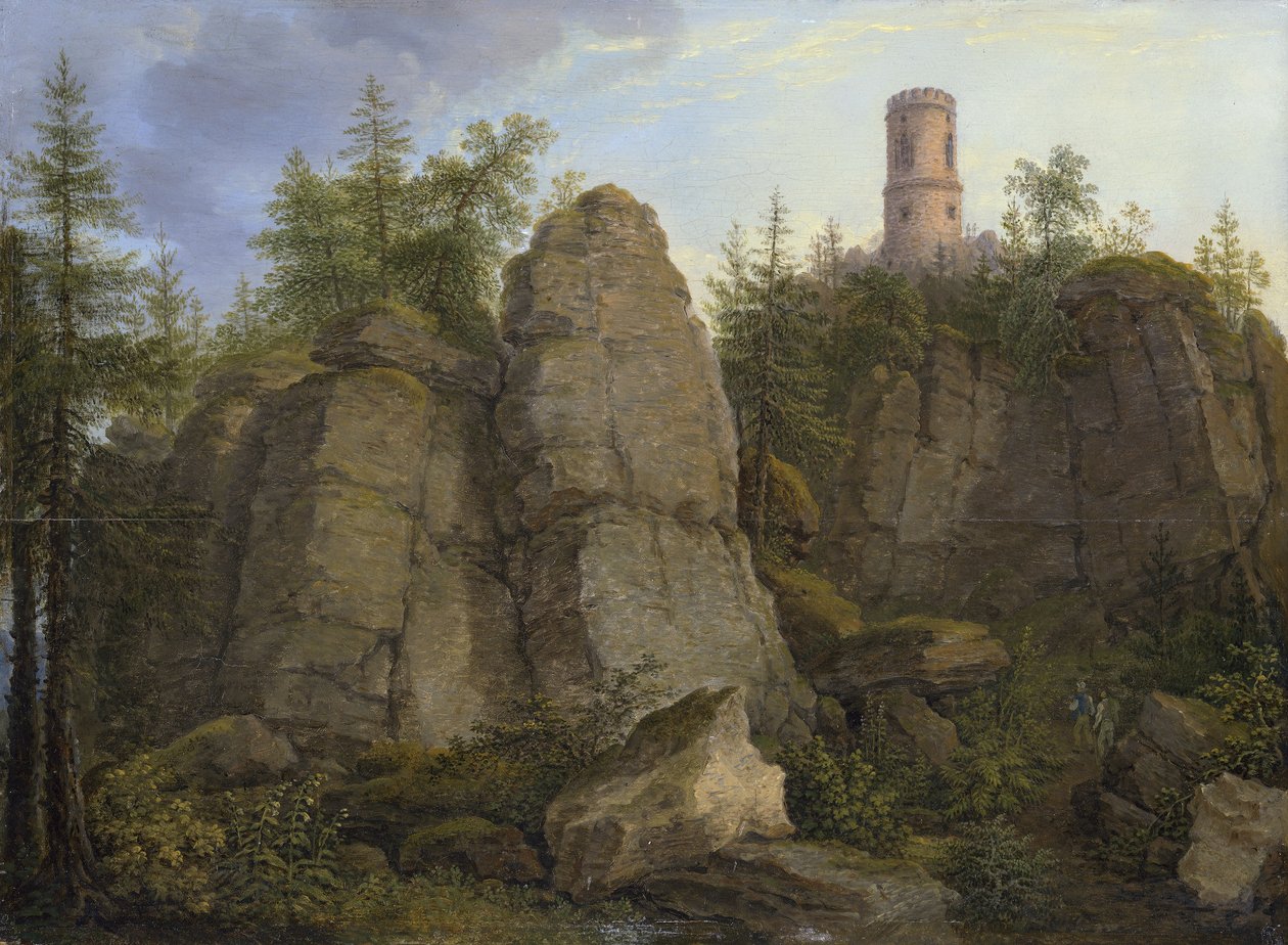 Klingstein, porfyyrinen kallio Aussigin lähellä. tekijältä Johann Christian Klengel