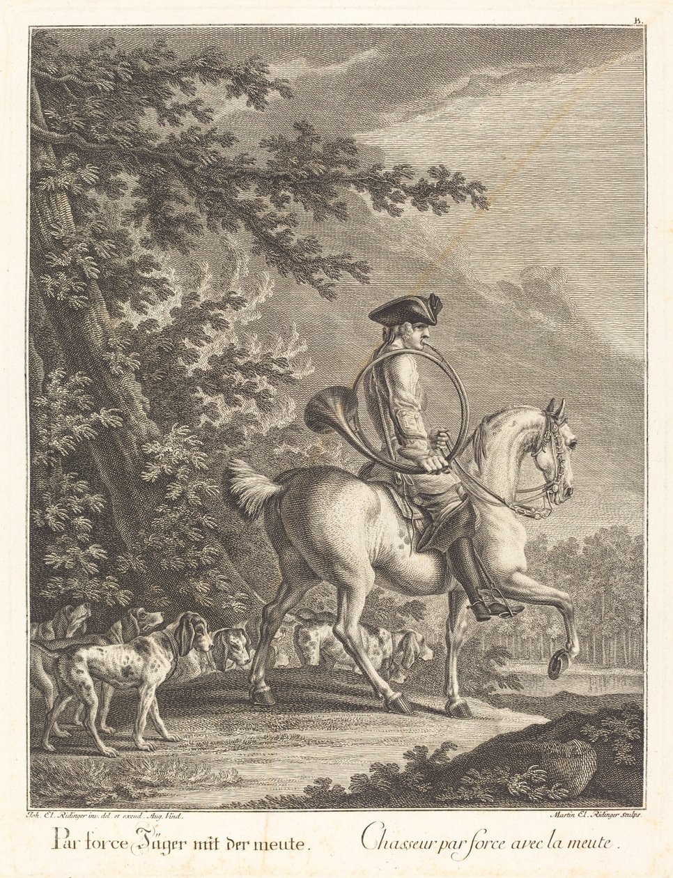 Metsästäjä koiralaumalla tekijältä Johann Elias Ridinger