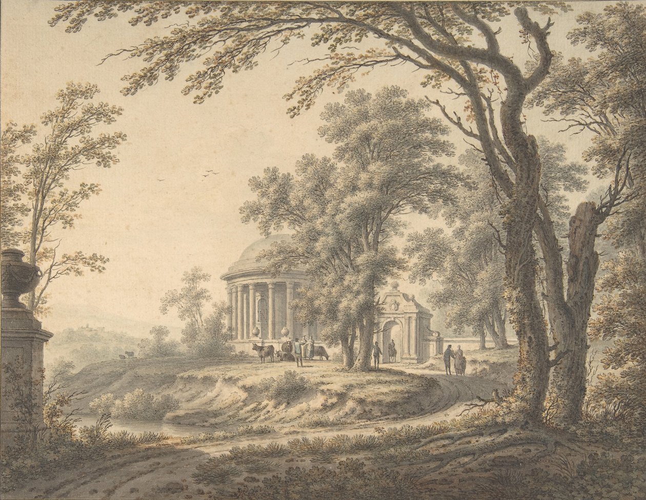 Idyllinen maisema temppelin kanssa, 1770. tekijältä Johann Heinrich Muntz