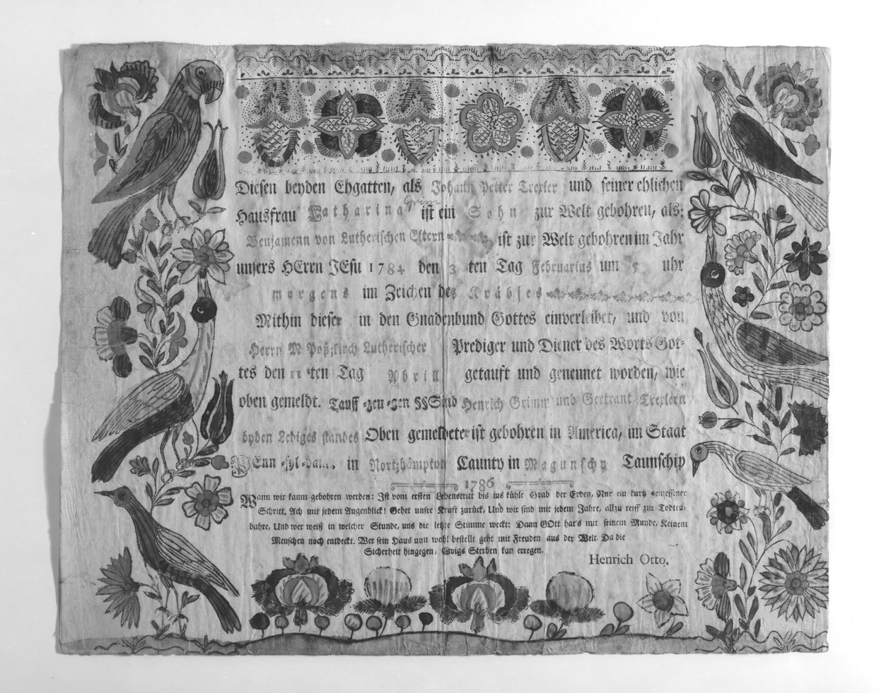 Syntymä- ja kastetodistus, 1786. tekijältä Johann Heinrich Otto