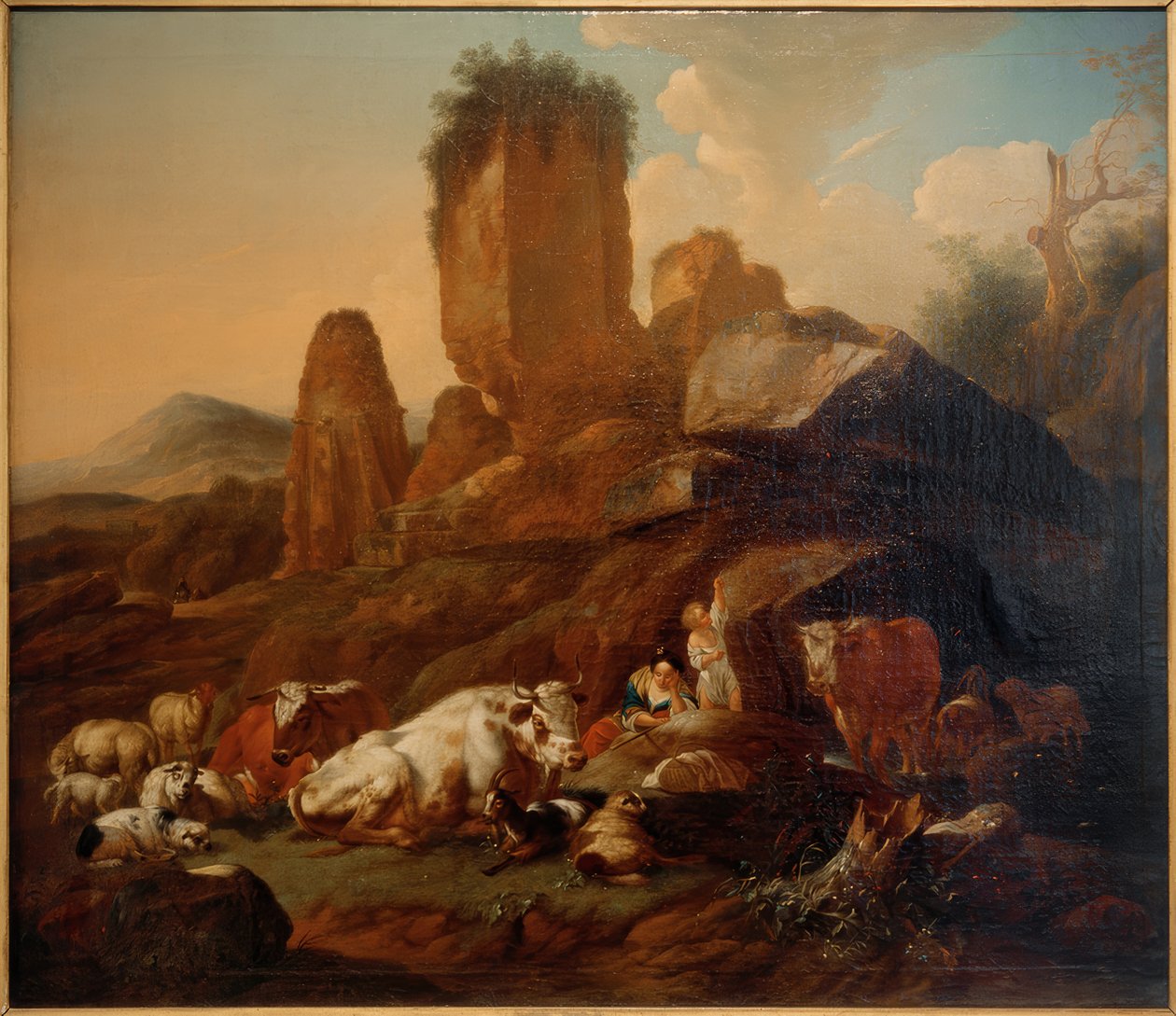 Ruhende Hirtin und Vieh tekijältä Johann Heinrich Roos