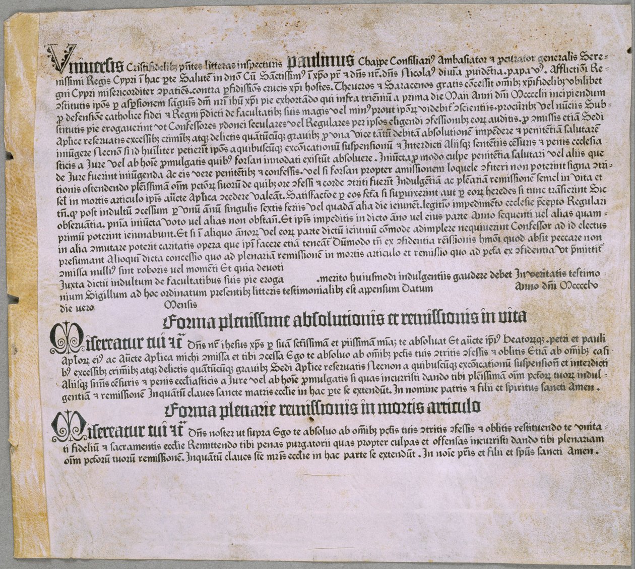 Anteeksiantamiskirje (retkikunta turkkilaisia ​​vastaan ​​ja Kyproksen puolustus), (Mainz, Johannes Gutenberg, 1455) tekijältä Johannes Gutenberg