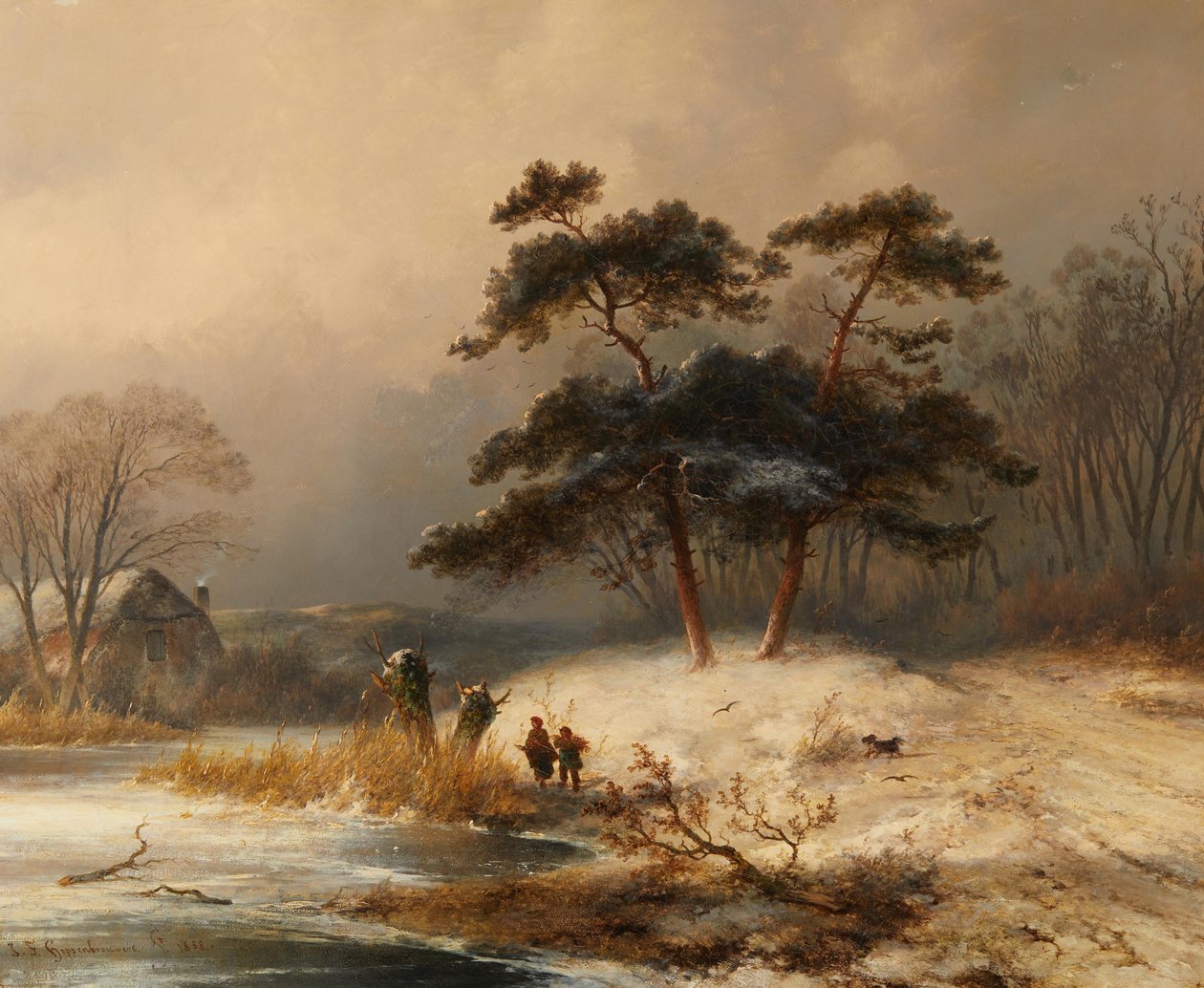 Johannes Franciscus Hoppenbrouwerin harjakeräilijä talvimetsässä tekijältä Johannes Franciscus Hoppenbrouwers