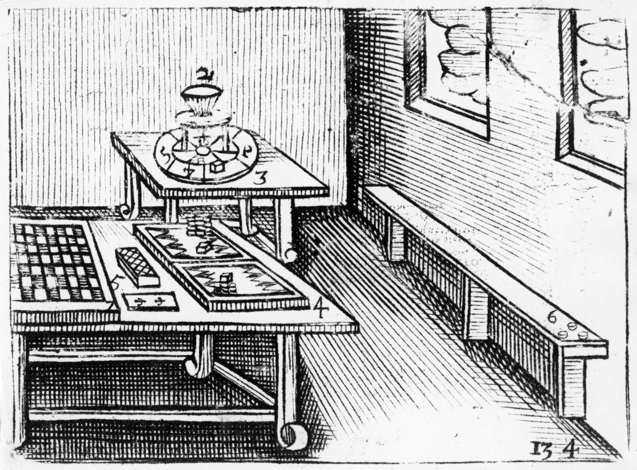 Lautapelejä kirjasta Orbis Sensualium Pictus, 1658. tekijältä John Amos Comenius