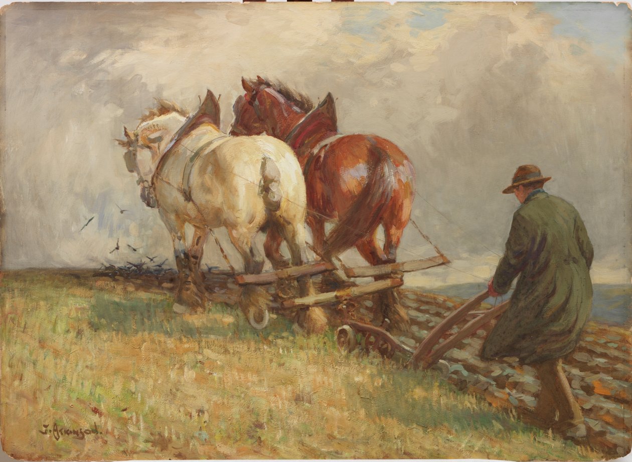 Kyntö, noin 1900-19 (tempera paperille). tekijältä John Atkinson