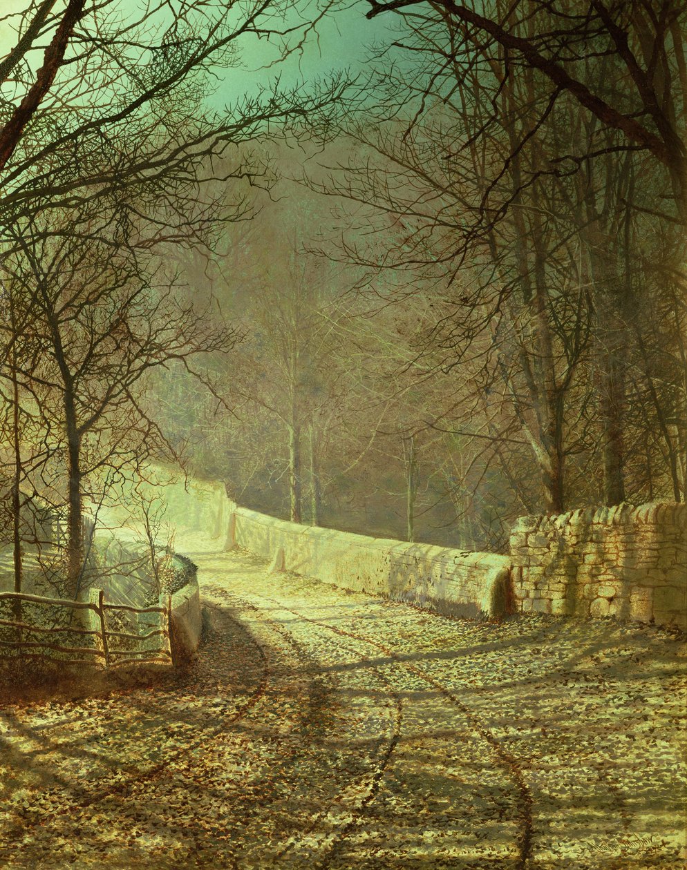 Auringonpaiste talven puiden läpi tekijältä John Atkinson Grimshaw