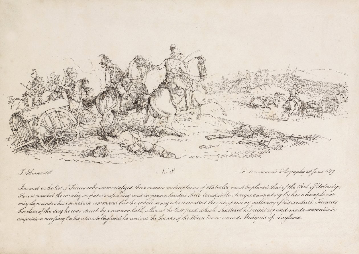 Uxbridgen jaarli, joka johti ratsuväen hyökkäystä Waterloon taistelussa, hänen oikeaan jalkaansa osui juuri tykinkuula, R. Ackermannin litografia, 1815 tekijältä John Augustus Atkinson