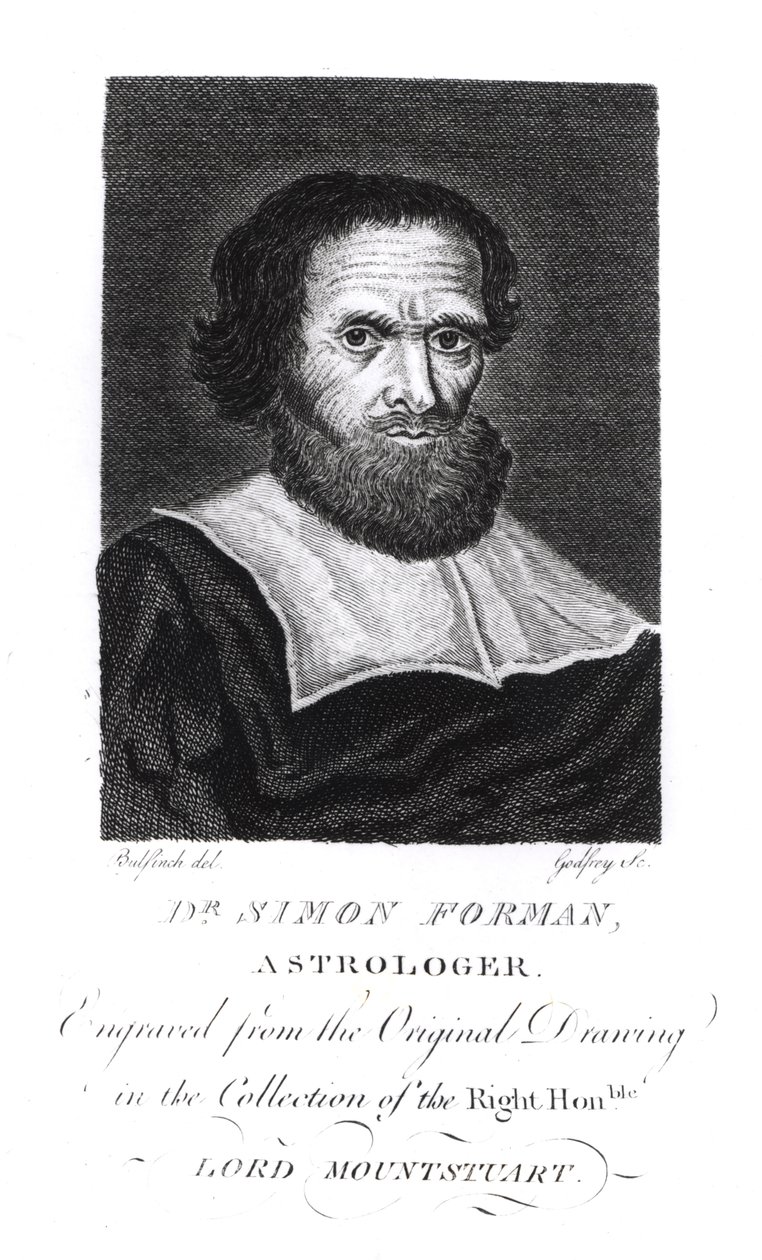 Tohtori Simon Formanin (1552-1611) muotokuva, kaiverrettu Godfreyn kaiverruksella (svetokuvassa). tekijältä John Bulfinch