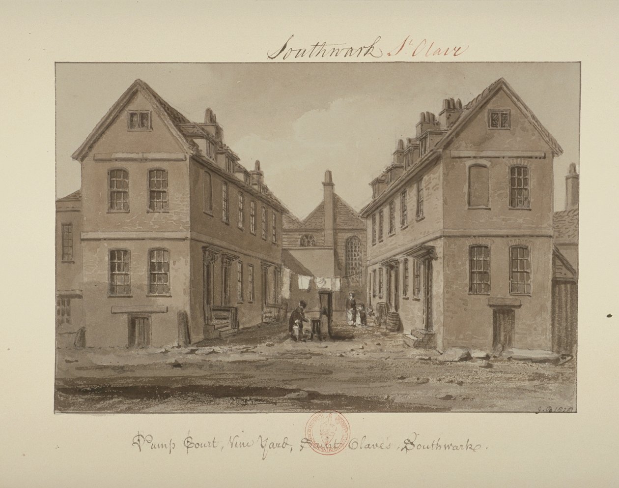 Näkymä hahmosta, joka kerää vettä Pump Courtissa, Vine Yardissa, Bermondseyssa, 1828 (pesu paperille) tekijältä John Chessell Buckler