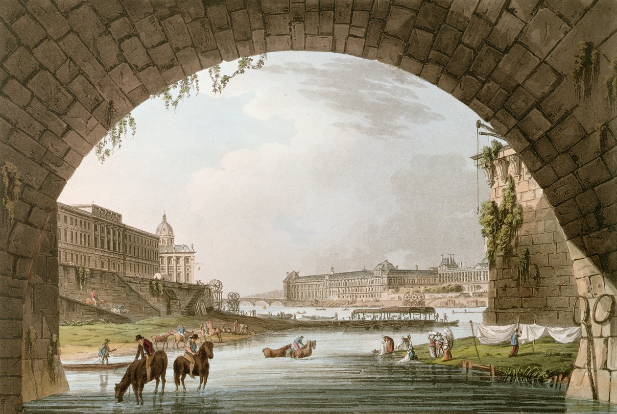 Panoraama Seine-joesta Pont Neufin alapuolelta länteen kohti Louvrea, La Monnaiea ja College de Quatre Nationsia, kuvitus julkaisuun "Versailles, Paris et Saint-Denis", jonka on laatinut tai tekijältä John Claude Nattes