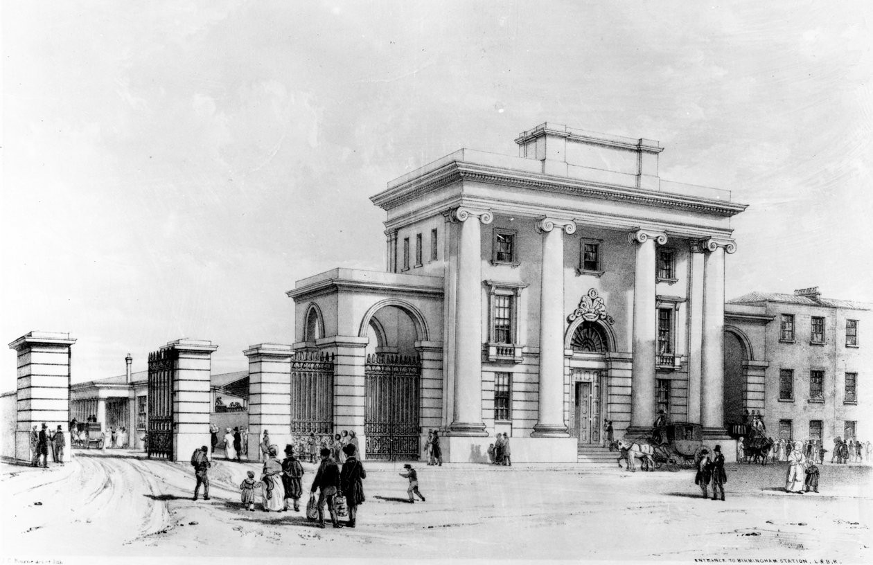 Sisäänkäynti Birminghamin asemalle, 1838 (kynä, muste ja pesu paperille) tekijältä John Cooke Bourne