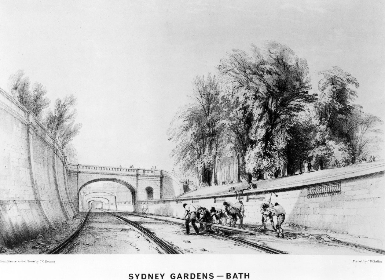 Sydney Gardens, Bath, painanut C. F. Cheffins, 1843 tekijältä John Cooke Bourne